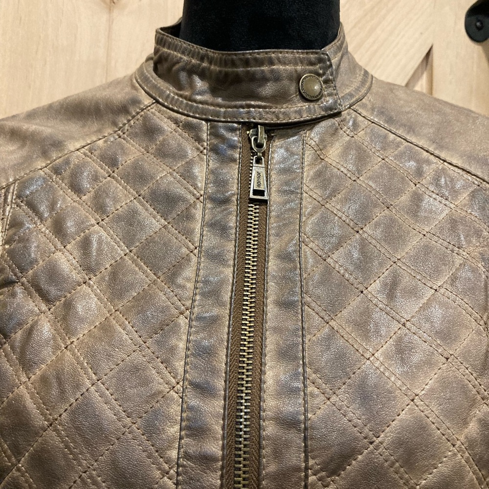 Jou Jou Women's Brown Quilted Faux Leather Moto Jacket Grunge Distressed Large - Picture 16 of 16